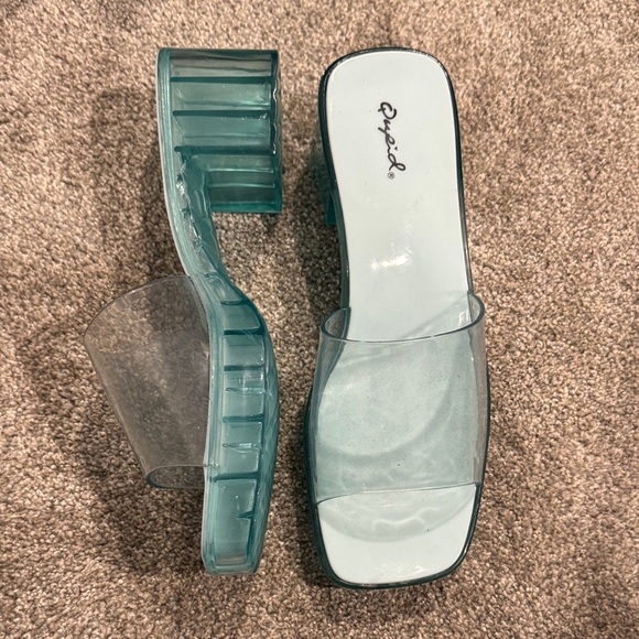 Qupid Shoes - Qupid Clear and Teal Block Heel Mules